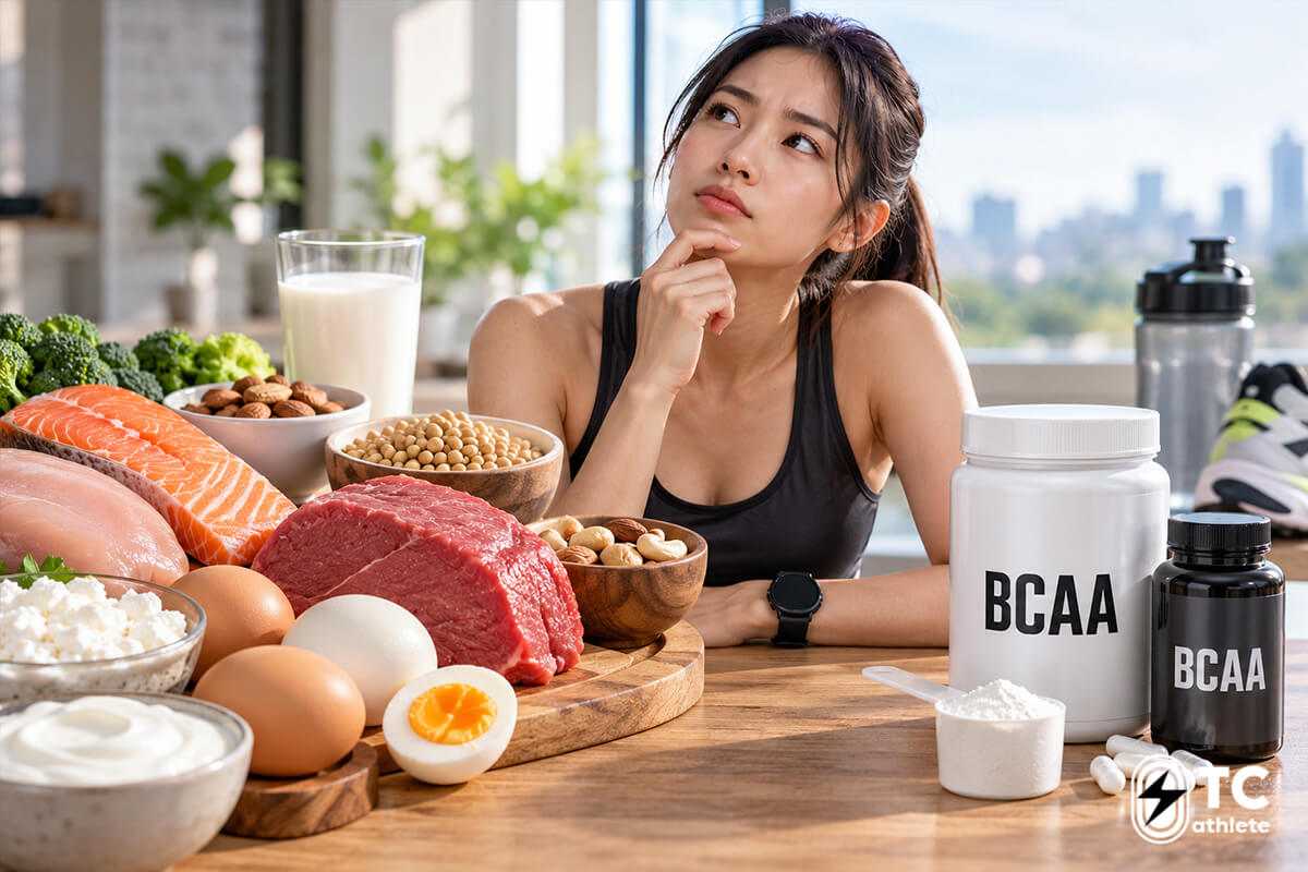 แหล่งอาหารที่มี BCAA สูงจากเนื้อสัตว์ ไข่ นม และถั่วสำหรับนักวิ่ง