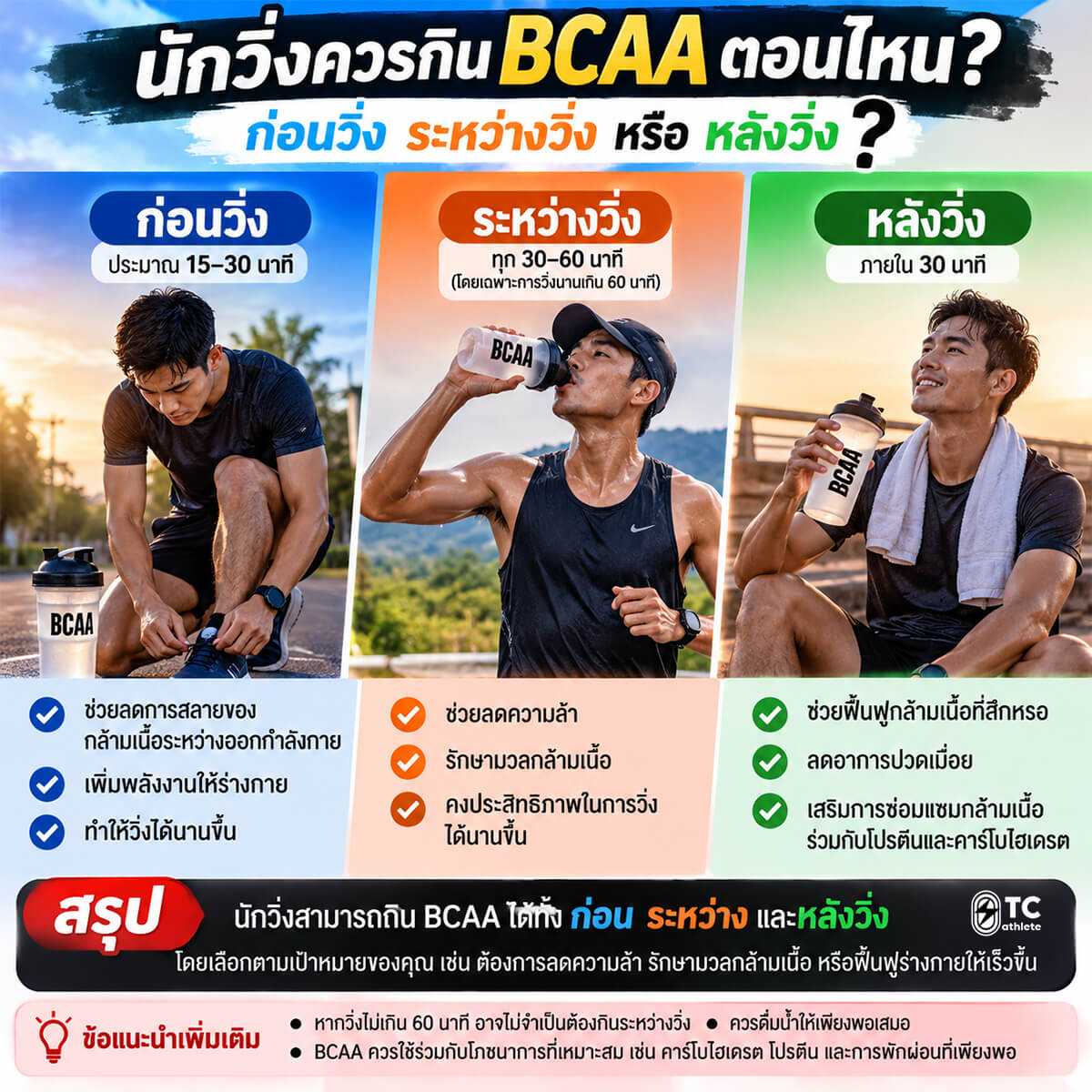 ช่วงเวลารับประทาน BCAA ก่อนวิ่ง ระหว่างวิ่ง และหลังวิ่งเพื่อการฟื้นฟูกล้ามเนื้อ